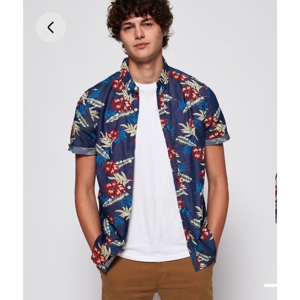 Superdry Floral Shirt Mens L Short Sleeve Button Down Blue Vacation Tropical